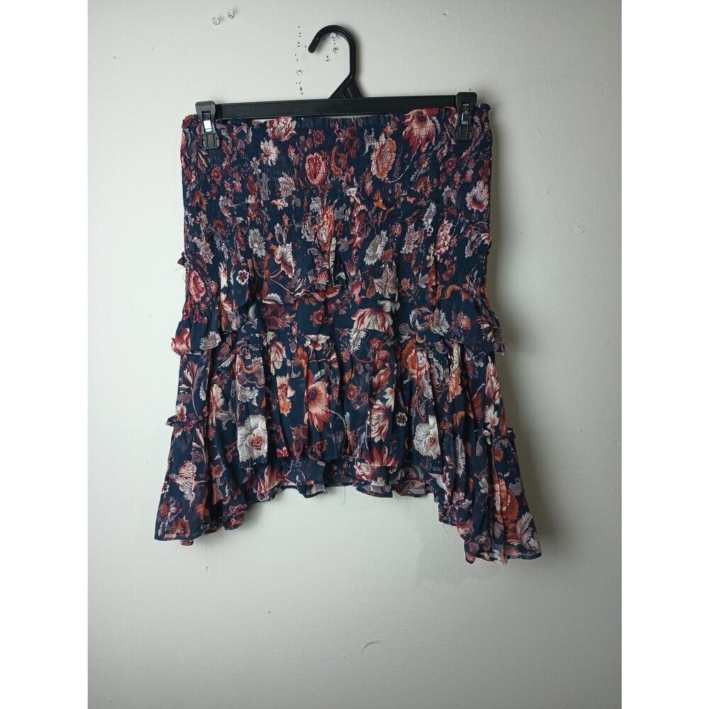 Anthropologie Asymmetrical Smocked Mini Skirt Floral Tiered ruffled Womens Small